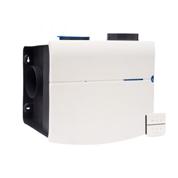 Voor/zijaanzicht van de Orcon ventilatiebox MVS-15RHB - Vochtsensor en RFT - Eurostekker