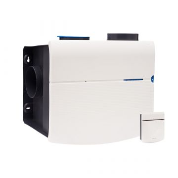 Voor/zijaanzicht van de Orcon ventilatiebox MVS-15RH CO2B - Vochtsensor en CO2-bedieningssensor - Eurostekker