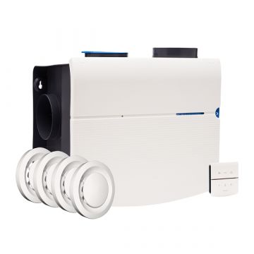 Voor/zijaanzicht van de Orcon MVS-15RHBP alles-in-1 ventilatiebox - Vochtsensor en RFT - 4 Ventielen - Euro én Perilex