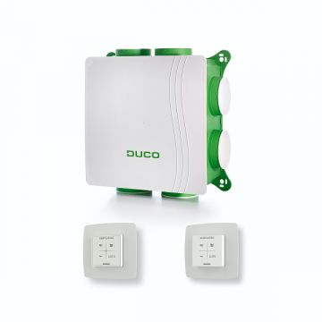 Vooraanzicht van de Duco DucoBox Silent all-in-one ventilatiebox - CO2-sensor en RF zender - Eurostekker