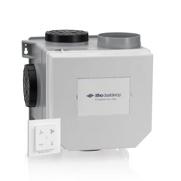 Vooraanzicht van de Itho Daalderop ventilatiebox CVE-S ECO SE - Vochtsensor en RFT-N Auto - Eurostekker