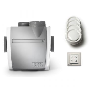 Vooraanzicht van de Vasco ventilatiebox C400 - RF-schakelaar en luchtventielen - Eurostekker