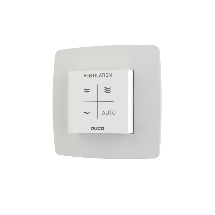 Vooraanzicht van de Duco vocht ruimtesensor met bediening RF/Wired - wit