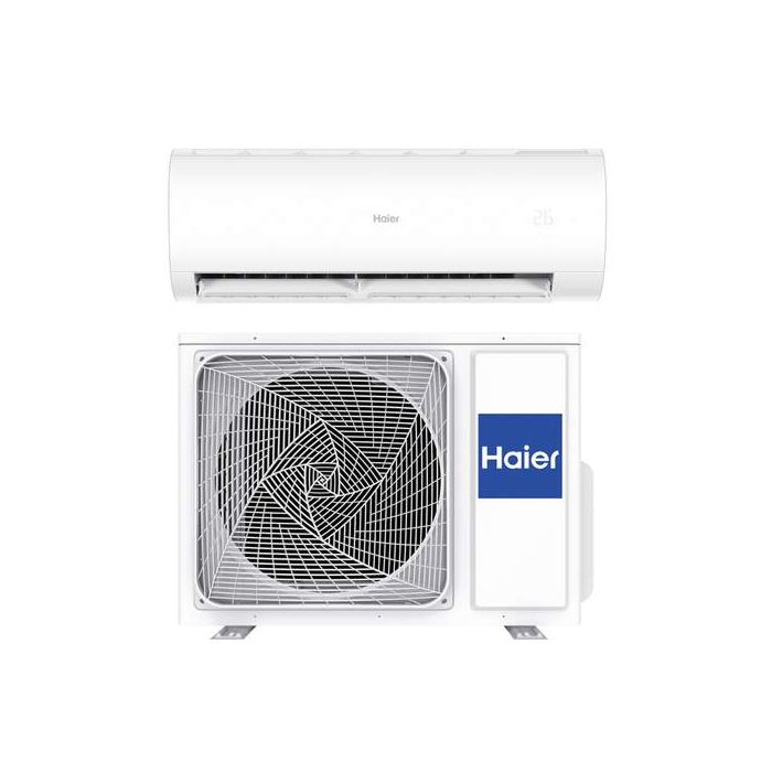 Vooraanzicht van het binnen- en buitendeel van de Haier Pearl split airco 3.5kW met R290 koudemiddel