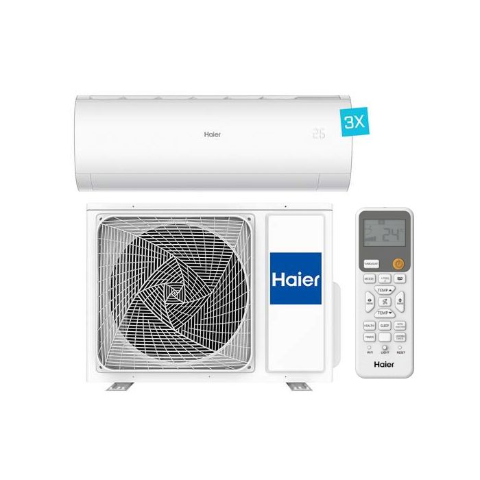 Vooraanzicht van de Haier Pearl Premium multi-split airconditioning inclusief 3 binnendelen en afstandsbedieningen
