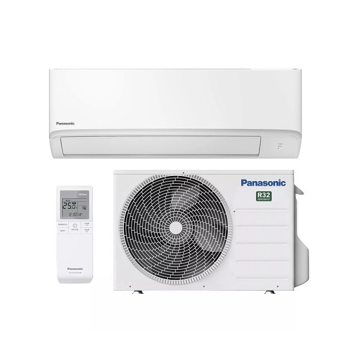 Vooraanzicht van het binnen- en buitendeel van de Panasonic TZ71-CKE split airco 7,1kW