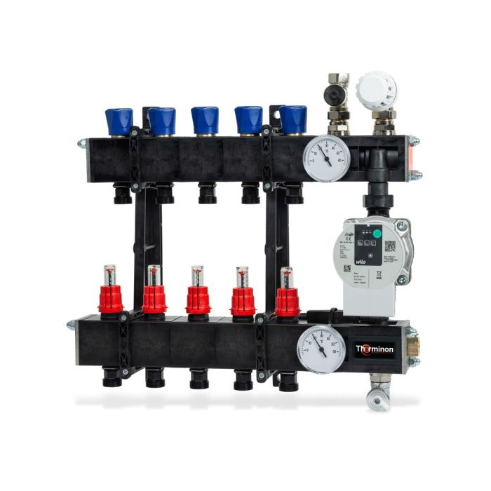 Therminon 5 groeps composiet vloerverwarmingsverdeler LTV met flowmeters en inregelventielen + A-lab
