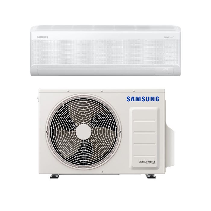 Vooraanzicht van de binnen- en buitenunit van de Samsung WIndFree Elite-12 3,5kW