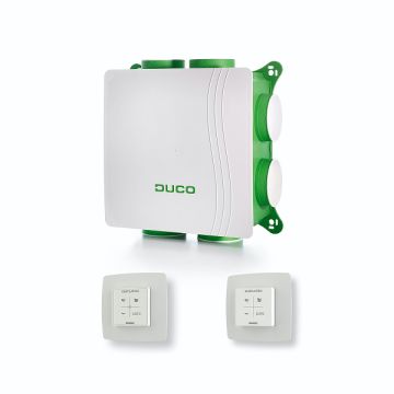 Vooraanzicht van de Duco DucoBox Silent all-in-one ventilatiebox - CO2-sensor en RF zender - Eurostekker