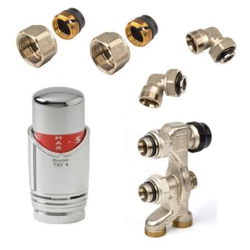 Haakse aansluitset voor radiator met 15mm buis