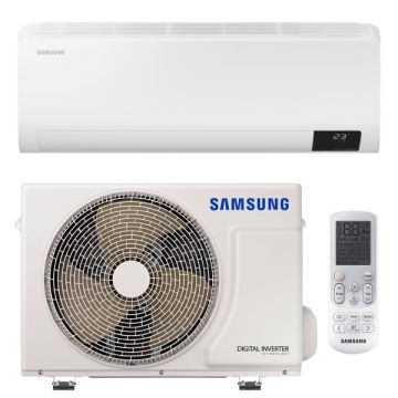 Vooraanzicht van het binnendeel, de buitenunit en de afstandsbediening van de Samsung Luzon S2 3,5kW split airco
