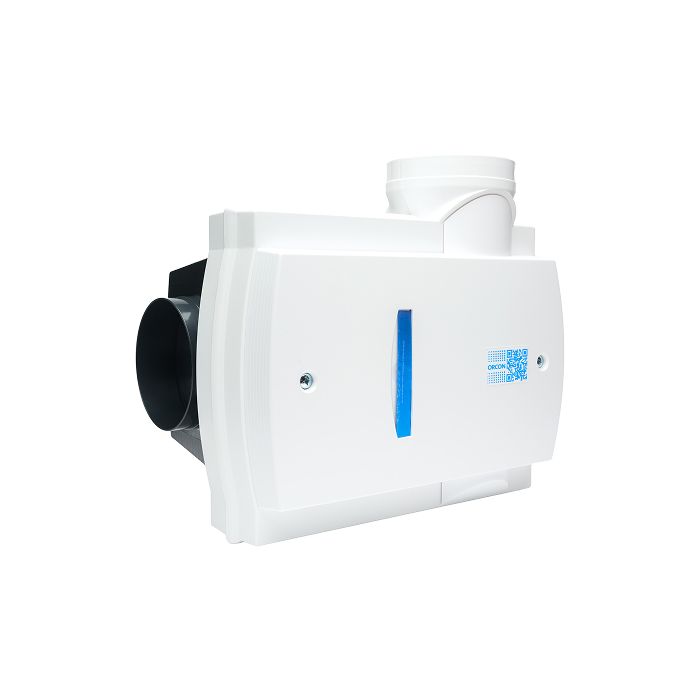 Voor/zijaanzicht van de Orcon Compact-10RHP ventilatiebox - Perilex