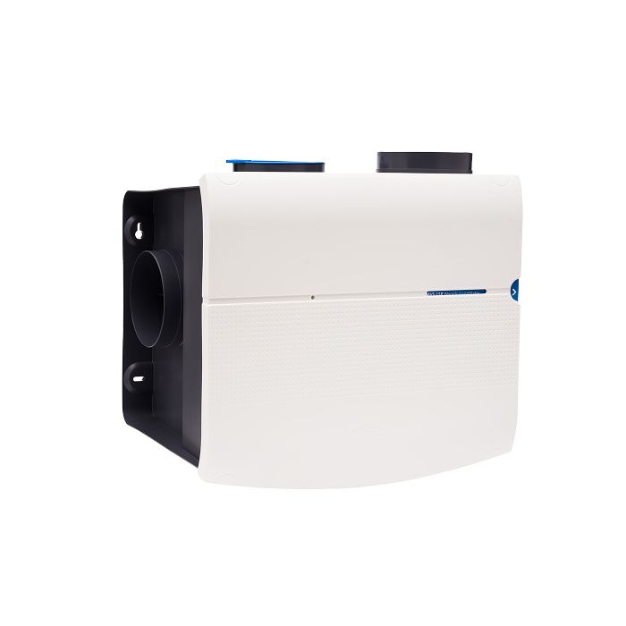 Voor/zijaanzicht van de Orcon ventilatiebox MVS-15RH - Vochtsensor - Eurostekker