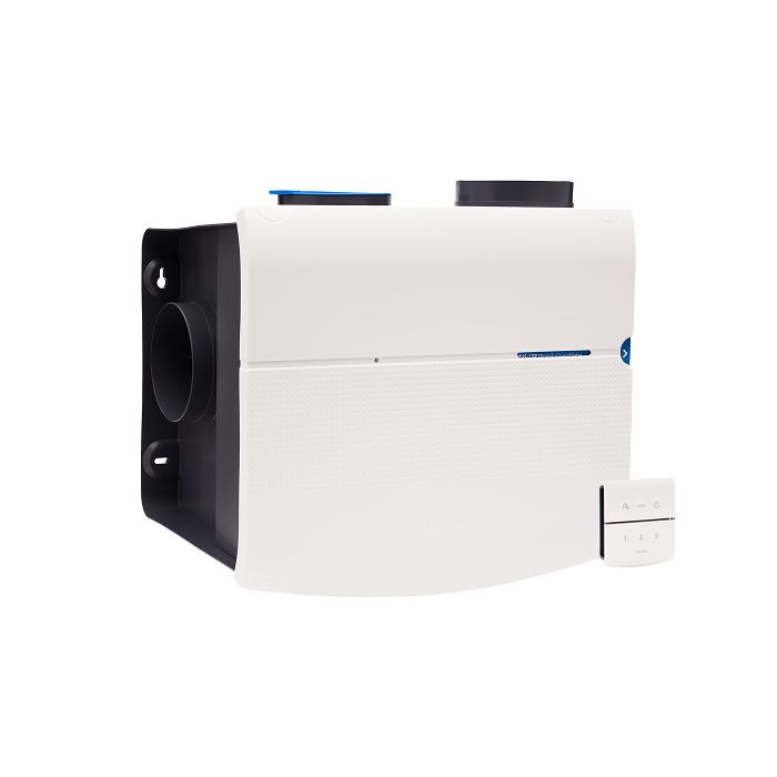 Voor/zijaanzicht van de Orcon ventilatiebox MVS-15RHBP - Vochtsensor en RFT - Perilex