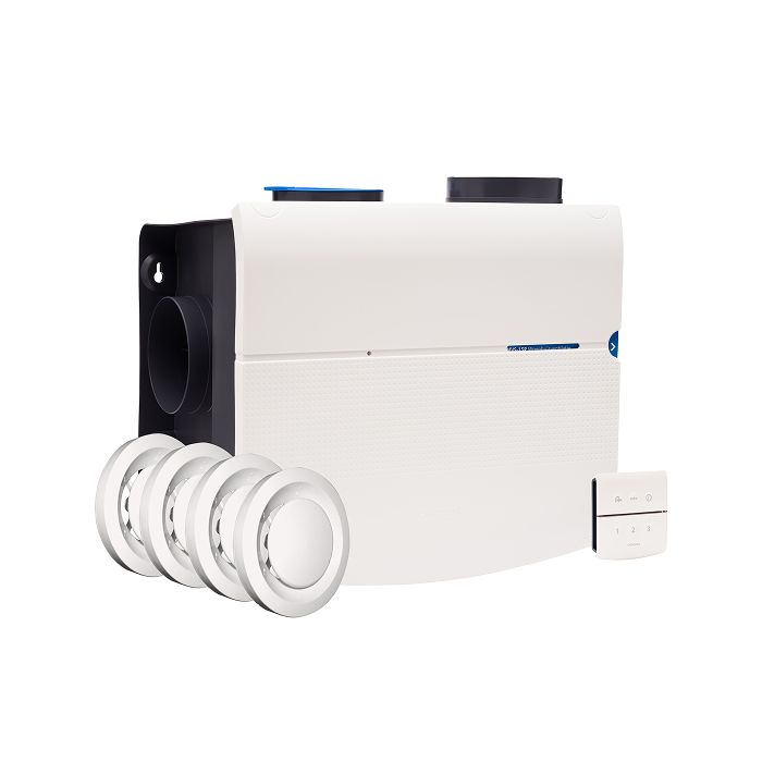 Voor/zijaanzicht van de Orcon MVS-15RHB alles-in-1 ventilatiebox - Vochtsensor en RFT - 4 Ventielen - Eurostekker
