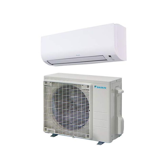 Vooraanzicht van het binnen- en buitendeel van de Daikin Comfora split unit airco 3,5kW