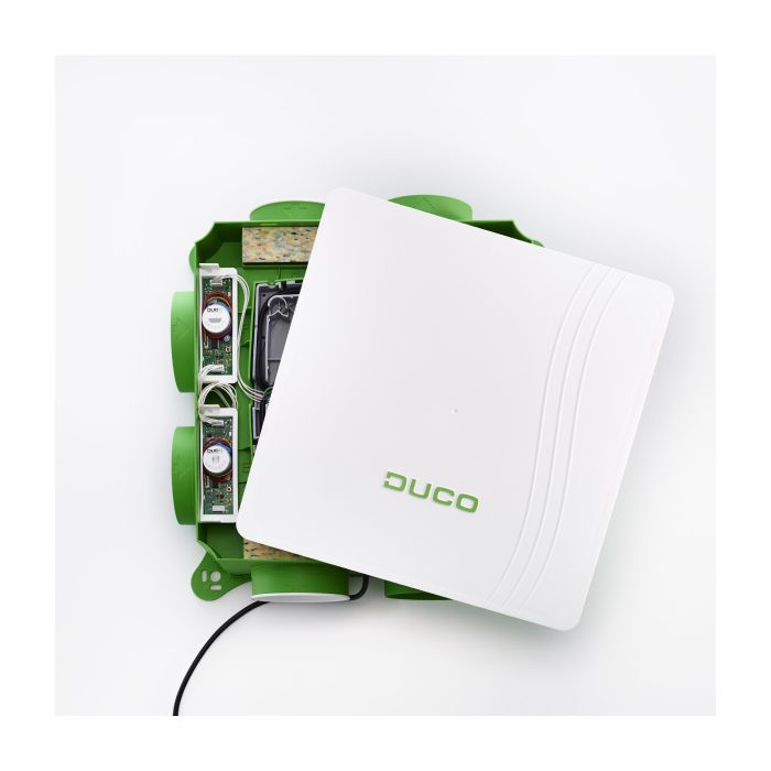 Vooraanzicht van de Duco DucoBox Focus ventilatiebox - Eurostekker