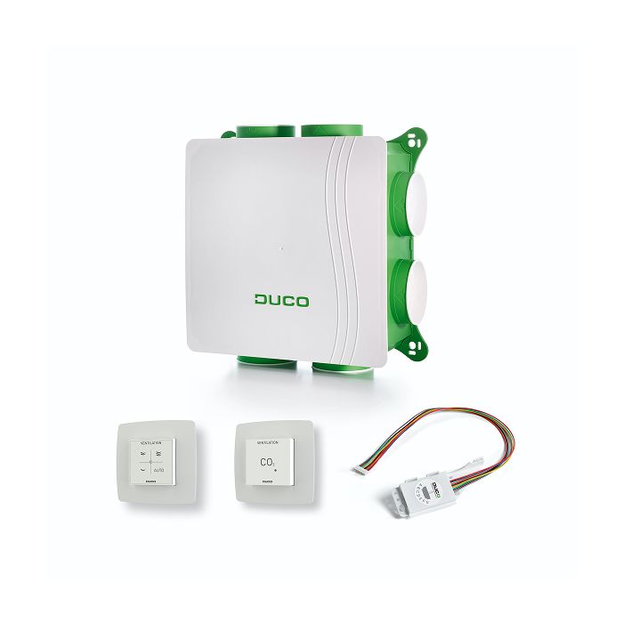 Vooraanzicht van de Duco DucoBox Silent alles-in-1 ventilatiebox - CO2- en vochtsensor - Eurostekker