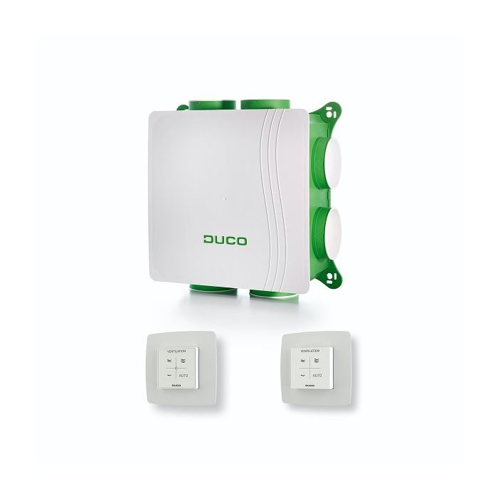 Vooraanzicht van de Duco DucoBox Silent all-in-one ventilatiebox - CO2-sensor en RF zender - Eurostekker
