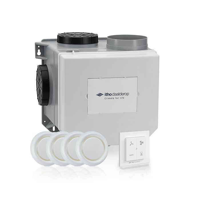 Vooraanzicht van de Itho Daalderop ventilatiebox CVE-S ECO - Alles-in-1 - Vochtsensor - Euro en Perilex
