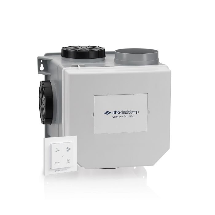 Vooraanzicht van de Itho Daalderop ventilatiebox CVE-S ECO SE - Vochtsensor en RFT-N Auto - Eurostekker