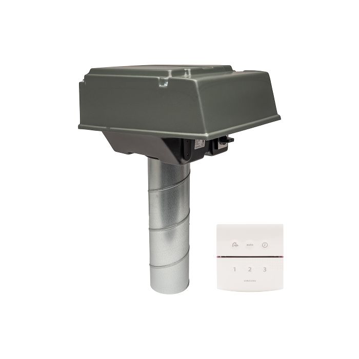 Voor/zijaanzicht van de Orcon MPV-10WR pijpdakventilator - RF-bediening - Eurostekker