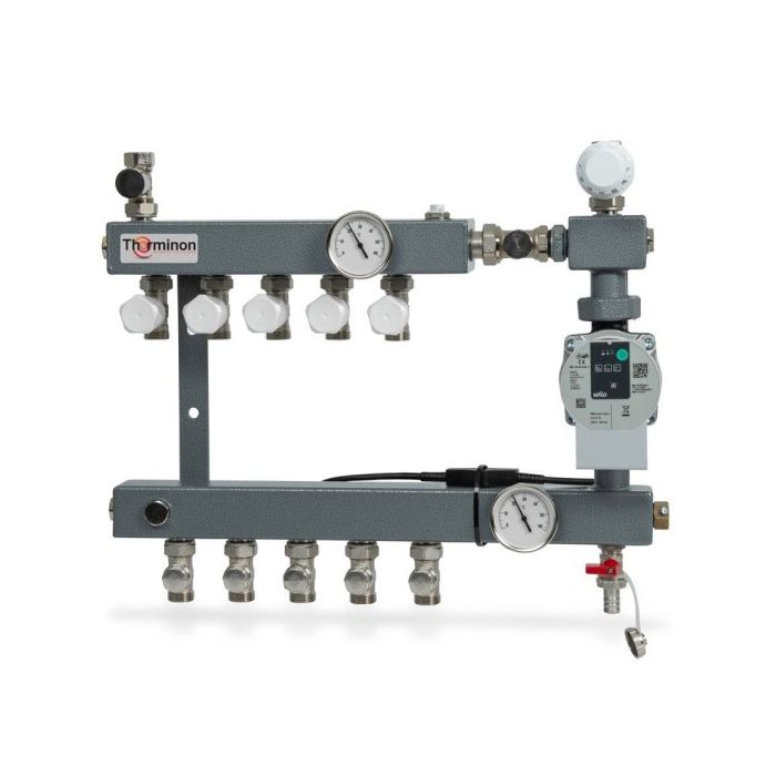 Therminon 6 groeps stalen vloerverwarmingsverdeler LTV Compact dubbel afsluitbaar + A-label pomp