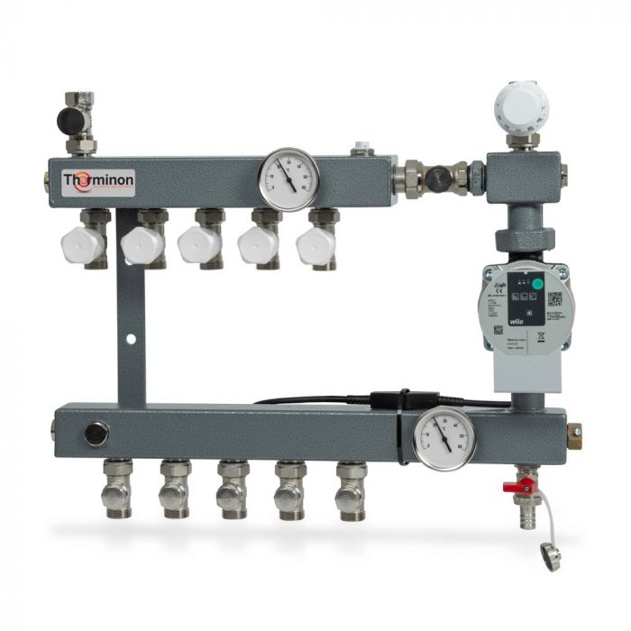 Therminon 7 groeps stalen vloerverwarmingsverdeler LTV Compact dubbel afsluitbaar + A-label pomp