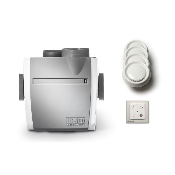 Vooraanzicht van de Vasco ventilatiebox C400 - RF-schakelaar en luchtventielen - Eurostekker