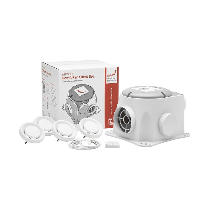 Totaalpakket van de Zehnder ComfoFan Silent alles-in-1 ventilatiebox - Vochtsensor - Euro en Perilex